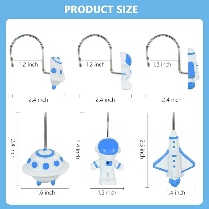 12-Piece Outer Space Galaxy Rocket Planet Shower Curtain Hooks | Decorative Shower Curtain Hooks for Bathroom, Stainless Steel Shower Hangers Rings