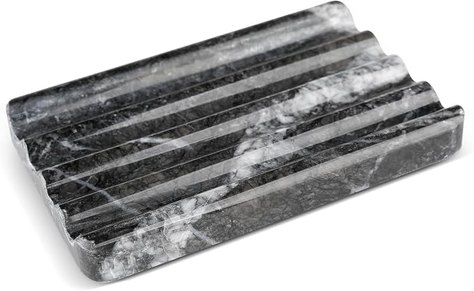 Karibiber Marble Soap Dish, Bar Soap Holder Shower, Black Soaps Bathroom Saver with Water Ripple Design, Easy Cleaning Natural Stone Sponge Holder for Kitchen Sink, Executive Jewelry Ring Tray