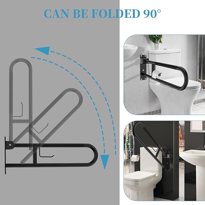 Toilet Grab Bar 32 Inch Black, Munzong Anti-Slip Flip-Up Handicap Grab Bars | Bathroom Safety Rails with Paper Holder Stainless Steel Knurled Support handrails for Seniors Elderly Disabled Pregnant