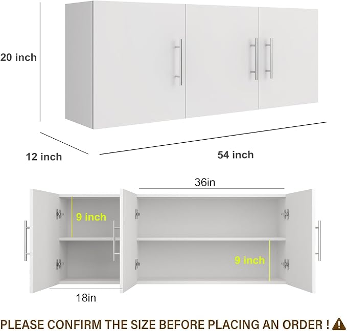 Wall Cabinet, 54" W x 12" D x 20" H Wooden Wall Mounted Storage Cabinet, 3 Door Cabinet with Soft Close and Metal Handle and Adjustable Shelf for Kitchen, Garage, Laundry, Bathroom, White