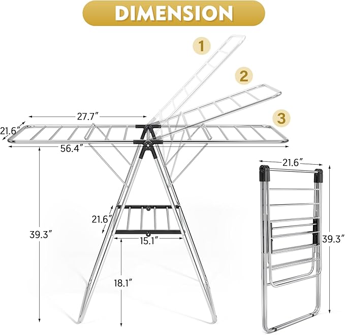 Large Stainless Steel Clothes Drying Rack | Drying Rack Clothing with Height-Adjustable, Foldable Gullwings Laundry Drying Rack, Indoor Outdoor Use, No Assembly, Black