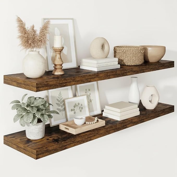 Vivelove Deep Floating Shelves 48x12” Set of 2, Rustic Brown | Easy Install With Hardware, 2" Thick, Invisible Brackets, Wall Mounted, No Sagging, For Any Room