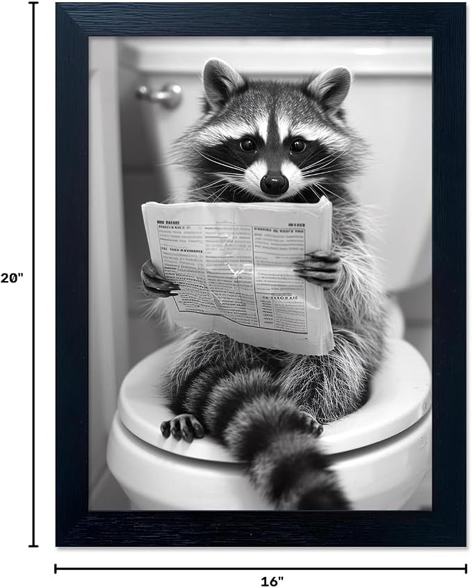 Raccoon Bathroom Wall Art Decor Black and White Funny Animal Wall Decor Cute Raccoon on Toilet Canvas Picture Farmhouse Prints Painting Framed Kids Room Decoration