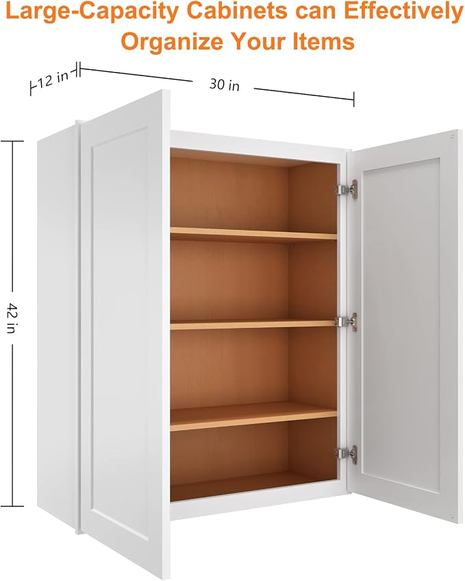 ROOMTEC Wood Wall-Mounted Cabinet,Bathroom Medicine Cabinet with Adjustable Shelves and 2 Soft-Close Doors,Laundry Storage Cabinet for Bathroom,Kitchen,Living Room 12" D*30" W*42" H,Shaker White