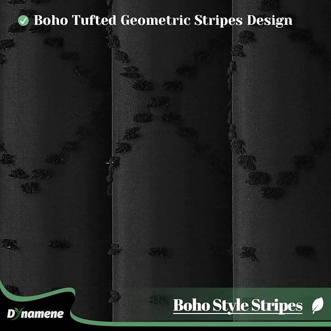 Extra Long Boho Shower Curtain Tufted Geometric 72"x96" Black | 96 Inch Tall, Elegant Tassel, Lightweight Textured Fabric, Water Repellent, Washable, Hotel Spa, for Bathroom/Dorm 12 Hooks