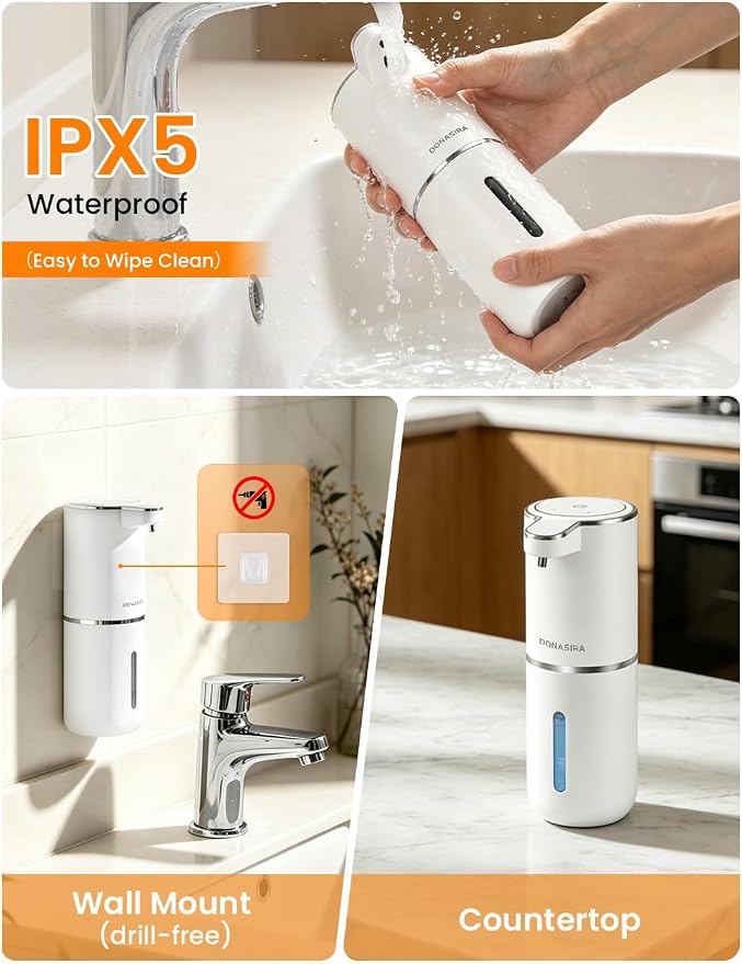 Automatic Soap Dispenser Touchless, USB Rechargeable Hand Soap Dispenser, 4 Adjustable Soap Levels, IPX5 Waterproof, 12.8oz/380ml, Countertop or Wall Mounted for Bathroom and Kitchen, White