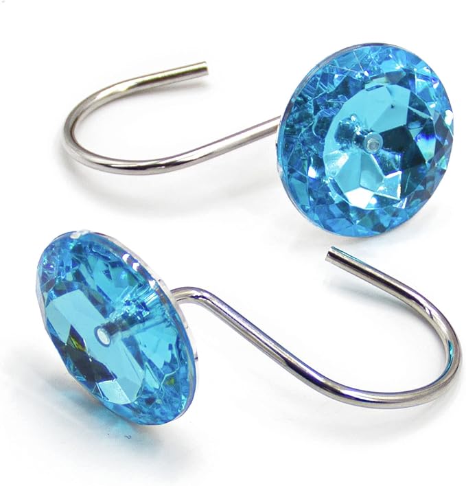 Crystal Diamond Round Shower Curtain Hooks Rings for Bathroom,Blue,12PCS | Acrylic Decorative Rhinestones Bling Shower Hooks Rings,for Bathroom Curtains Rod,Gem Metal Rust Proof Shower Hangers