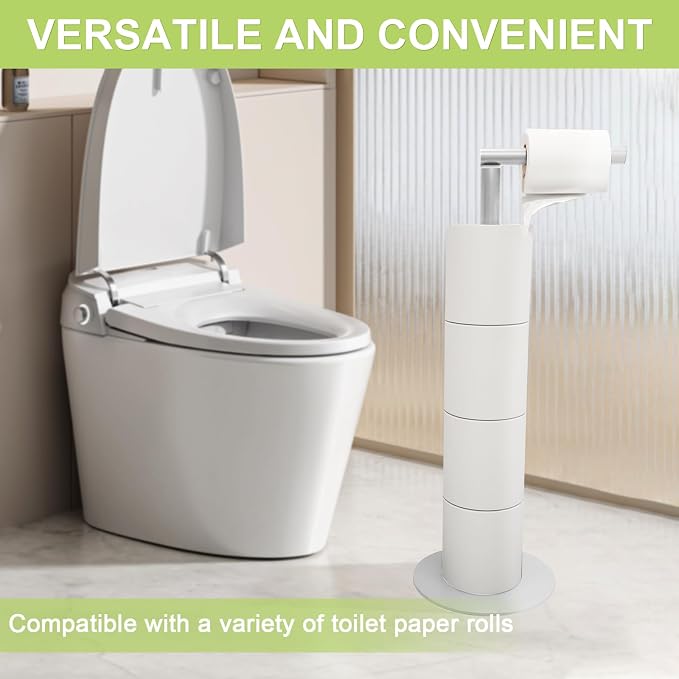 Freestanding Toilet Paper Holder Stand, Stainless Steel Bathroom Tissue Roll Storage with Reserve for 4-5 Rolls, Rustproof Modern Holder with Anti-Slip Base for Bathroom (Silver)