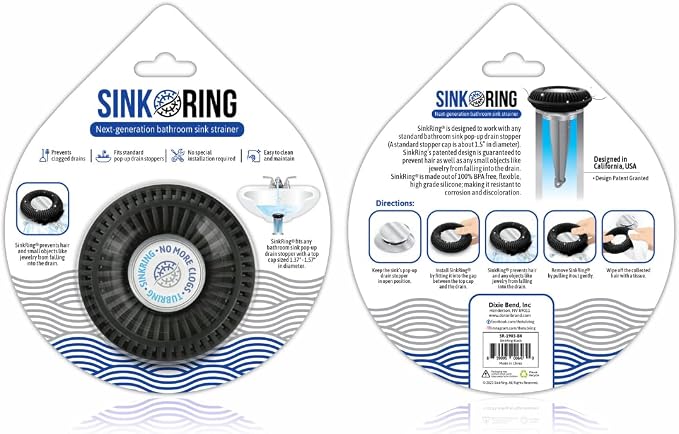 SinkRing Bathroom Sink Drain Protector & Strainer for Sink Stoppers, Black | Easy snap-in design. Precision clog-free trap prevents loss of earrings, jewelry or contacts. Fits 1.37" - 1.57" stoppers.