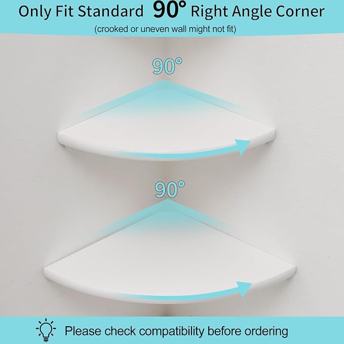 Corner Shelf, White Floating Corner Shelf, Set of 2 7inch Solid Oak Wood Corner Wall Shelves, Round End Wall Mount Display Shelf with Wire Hole for Small Plant for Bedroom Kitchen, Living Room