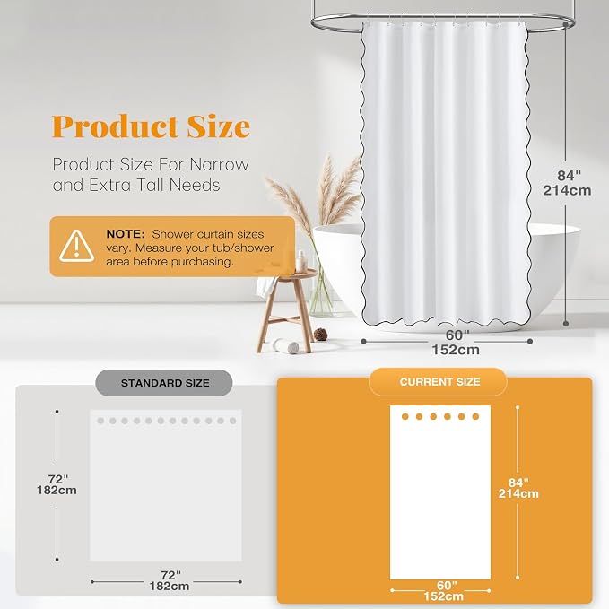 Boho Scalloped Linen Textured Cloth Shower Curtain Set, 60x84, White | Narrow Long Size, 230GSM Waterproof Polyester, Heavy Duty Fabric, 10 Plastic Hooks, Modern Farmhouse Style, Machine Washable