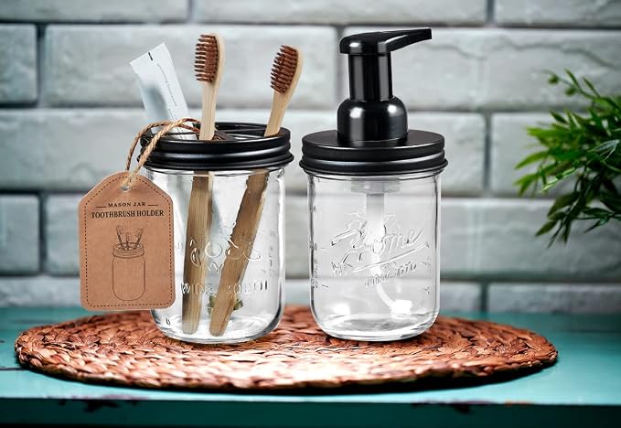 SheeChung Mason Jar Toothbrush Holders, Farmhouse Toothpaste Organizer, 1Pc | Black Glass Electric Tooth Brush Holder for Bathroom Countertop, Removable Stainless Steel Lid,3 Divider,Rustic Vintage Decor