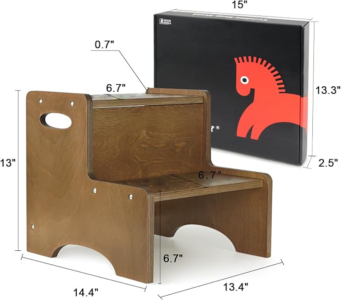 Toddler Step Stool for Kids, Wooden Brown Two Step Children's Stool with Handles, Bonus Non-Slip Pads for Safety, Bathroom Potty Stool & Kitchen Step Stools Dual Height