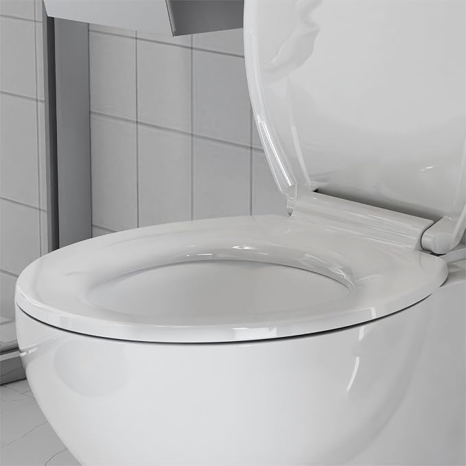 Round Toilet Seat Slow Close, 17" Round White Polypropylene Toilet Seat Cover with Never Loosen Durable Lid, Quiet and Easy to Install & Clean