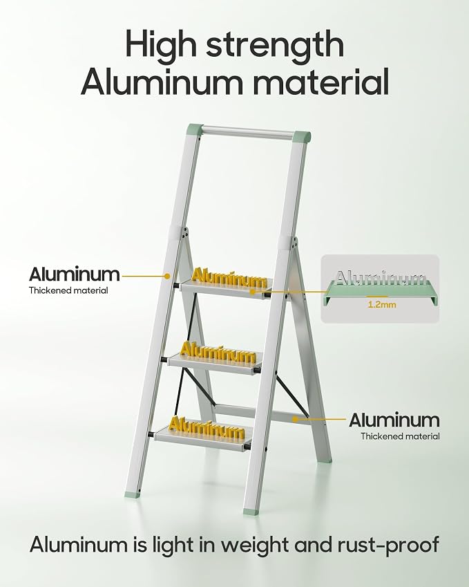 HillhutApex Aluminum 3 Step Ladder, Step Stool Foldable Ladder(Pale Green) | Stepladder with Handgrip,Anti-Slip Pedals,330lbs Capacity,Lightweight Folding Ladder for Home,Office,Libaray