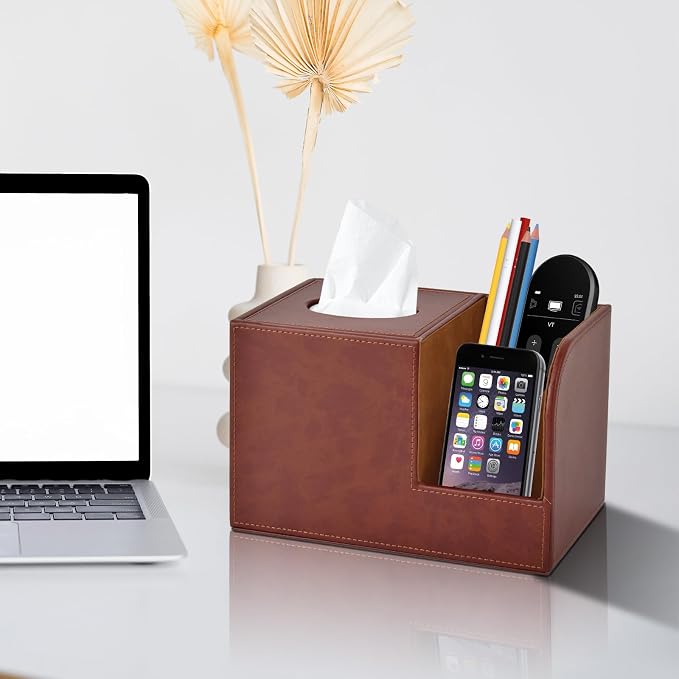 PU Leather Square Tissue Box Cover,Multifunctional Tissue Box Holder,Tissue Box with Storage,Tissue and Remote Control Holder,Tissue Box Decorative Desk Organizer for Home&Office,Brown