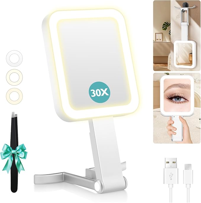 Travel Makeup Mirror with Lights, Double-Sided 1X/30X Magnifying Mirror, 3 Color Lighting & Brightness Adjustable, Portable &Foldable Handheld Mirror with Lights(White)