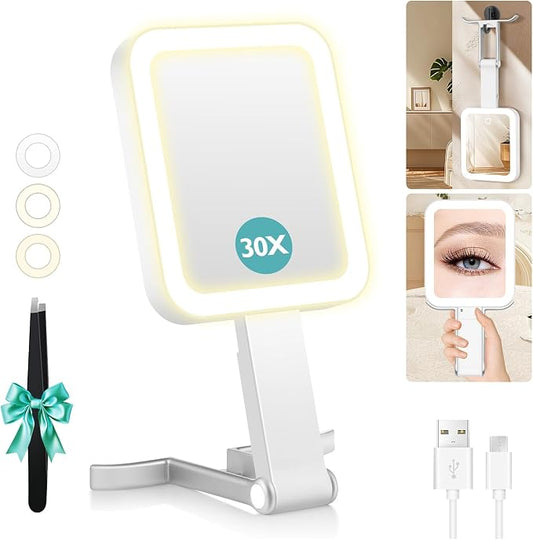 Travel Makeup Mirror with Lights, Double-Sided 1X/30X Magnifying Mirror, 3 Color Lighting & Brightness Adjustable, Portable &Foldable Handheld Mirror with Lights(White)