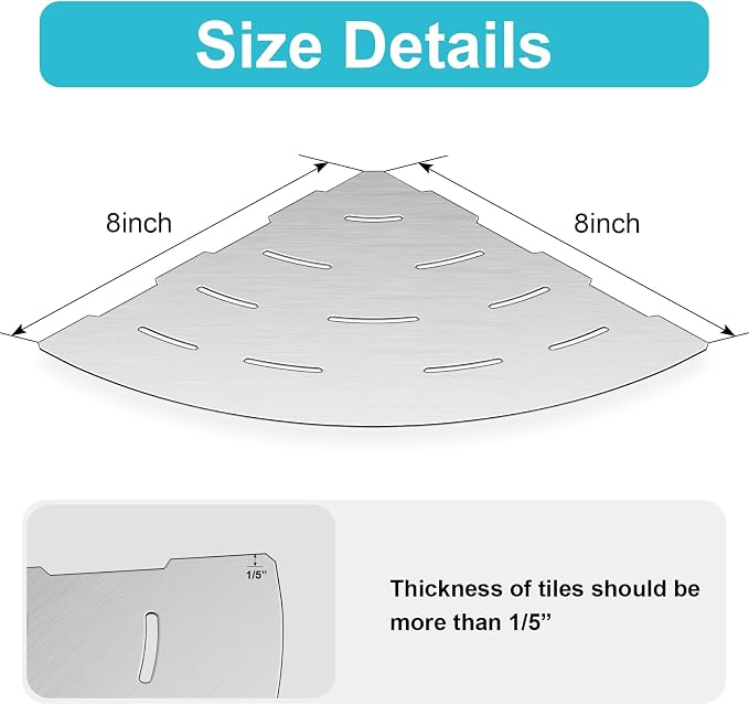 soaez Brushed Nickel Corner Shower Shelf, SUS304 Stainless Steel Recessed Bathroom Shower Shelves, No Drilling Grout Mount Shelf for Shower, Bathroom Accessories (8", 2Pack)