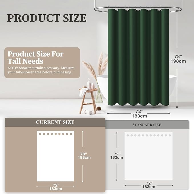 72x78 Linen Textured Waterproof Fabric Shower Curtain, Emerald Green | Long Size, 230GSM Polyester, Heavy Duty Cloth, Weighted Hem, 12 Plastic Hooks, Modern Luxury Hotel Style, Machine Washable