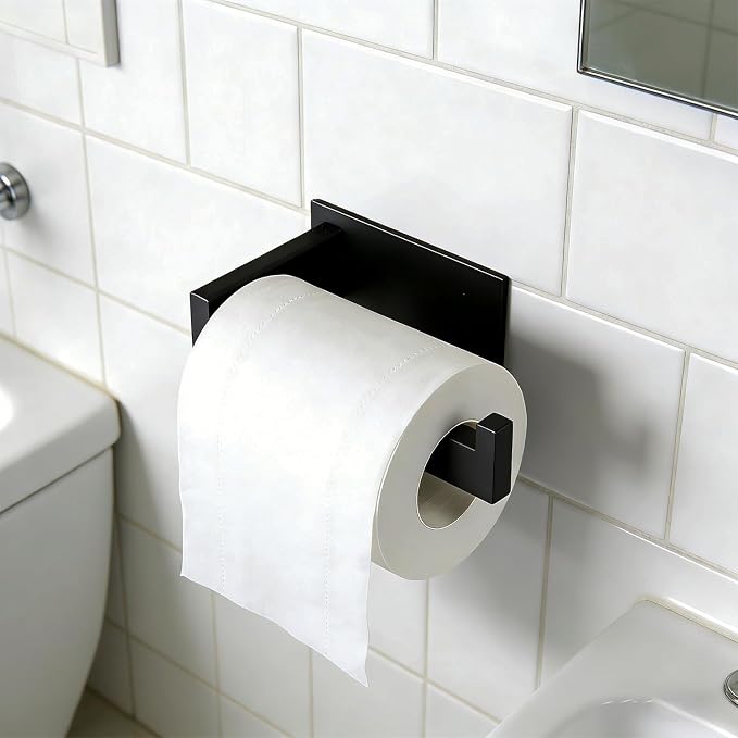 Toilet Paper Holder, Self Adhesive Tissue Holder Stainless Steel Rustproof Paper Roll Holder, No Drilling Easy to Install, Toilet Paper Rack Suitable for Office, Bathroom (Matte Black)