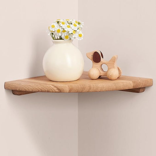Gieanoo Corner Floating Shelf 7inch Solid Oak Wood Floating Corner Shelf with Wire Hole Corner Wall Mount Storage Display Shelves for Living Room Bedroom Bathroom Kitchen
