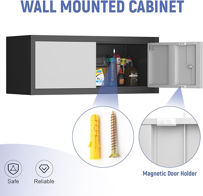 Metal Garage Storage Cabinet, Locking Cabinet Wall Mounted, 13" H Floating Cabinet for Warehouse, Upper Tool Cabinet for Home Office, Basement, Kitchen, RV Organization