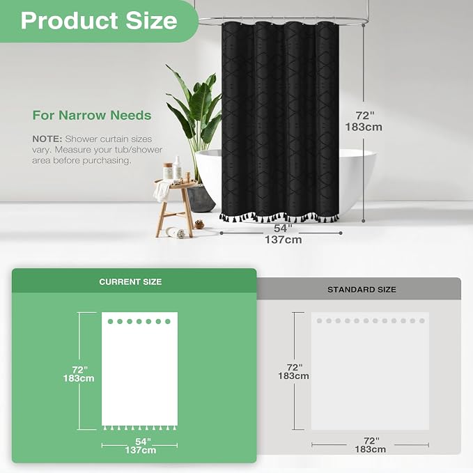 Stall Boho Farmhouse Shower Curtain Tufted Geometric 54"x72" Black | 54 Inch Wide, Elegant Tassel, Lightweight Textured Fabric, Water Repellent, Washable, for Narrow Bathroom/Dorm 10 Hooks