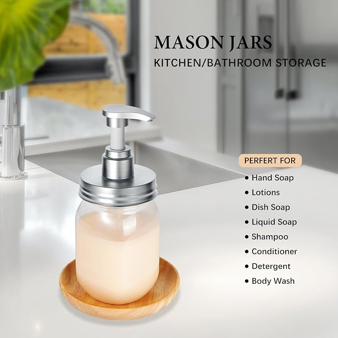 Amolliar Plastic Mason Jar Soap Dispenser with Pump Lid 16OZ - 4 Pack | Refillable BPA-Free Hand Soap Dispenser Set with Cute Lables, Farmhouse Decor for Kitchen Bathroom Liquid Dish Soap Lotion