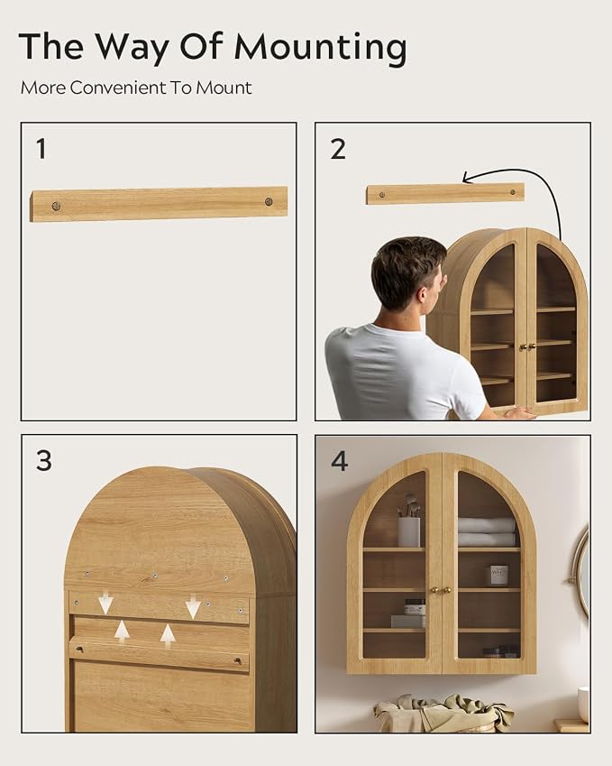 Arched Wall Cabinet, Large Bathroom Medicine Wall Mounted Cupboard, Farmhouse Floating Storage Cabinet with Acrylic Door Adjustable Shelf, Wood Organizer (Natural Oak)