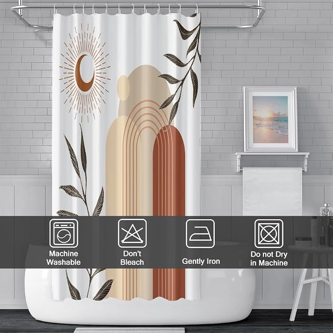 Boho Moon Stall Shower Curtain with Hooks 36x72 Inch | Waterproof Small Narrow Terracotta and Beige Bathroom Curtain for Shower Stall, Machine Washable