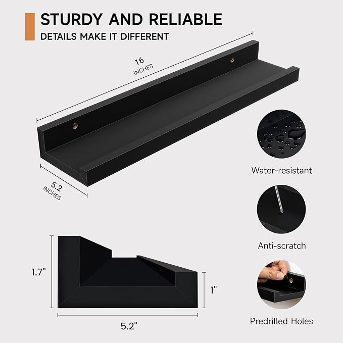 Fun Memories Floating Picture Ledge Shelves Set of 2, 16 Inch Solid Wood Wall Shelves with Lip, Large Nursery Book Shelf for Toys Storage, Kids Bookshelf, Living Room, Bedroom Decor Frames, Black