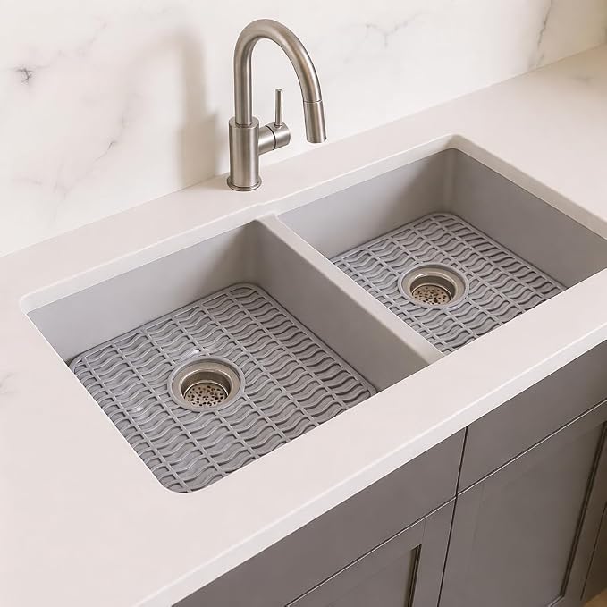 Dependable Industries Inc. Essentials 2 Pack Plastic Sink Protector Mat with Center Drain Cutout Protect Sink and Glasses and Dishes from Scratches and Breaks 12" x 11" (Gray)