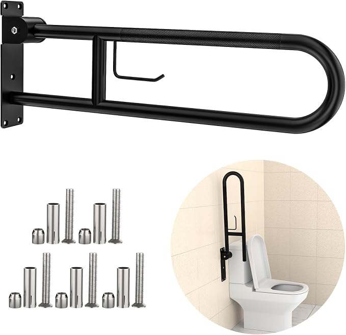 Toilet Grab Bar 32 Inch, YuanDe Flip Up Grab Bar with Paper Holder | Matte Black Anti-Slip Safety Bars for Toilet, Stainless Steel Knurled Toilet Handles for Seniors Disabled Elderly Pregnant