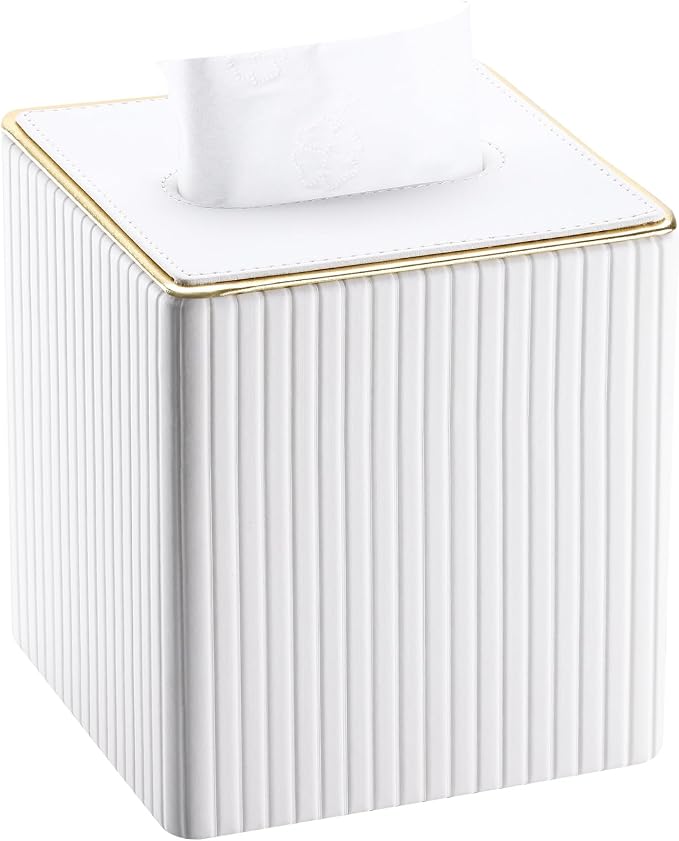 Tissue Box Cover, PU Leather Square Tissue Box Holder for Kleenexs with Magnetic Bottom Cover for Facial Tissues/Napkins, Office & Living Room Decor Box White
