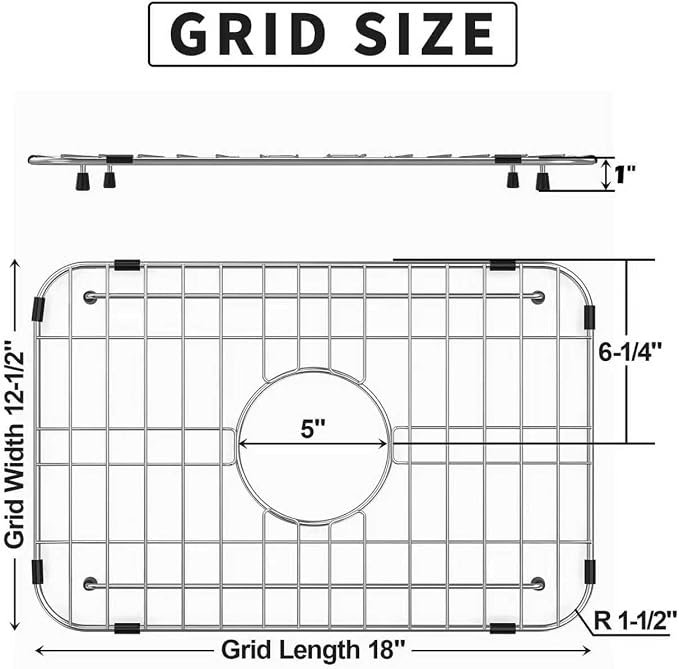 Stainless Steel Sink Grid and Protectors for Bottom of Kitchen Sink, Sink Grid 18" X 12-1/2", Centered Drain with Corner Radius 1-1/2"