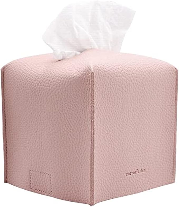 Carrot’s Den PU Leather Tissue Box Cover Holder, Decor, Baby Pink | Faux leather square holder fits standard facial tissue boxes. Decorative aesthetic accent for office desk, guest bedroom.
