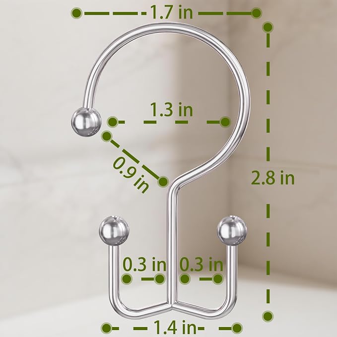 OEH Shower Curtain Hooks, Metal Shower Curtain Rings, Silver Shower Curtain Hooks Rust Proof, Double Shower Rings for Curtain, Easy Install Anti-Drop Shower Hooks for Shower Curtain (Chrome, 12 Pack)