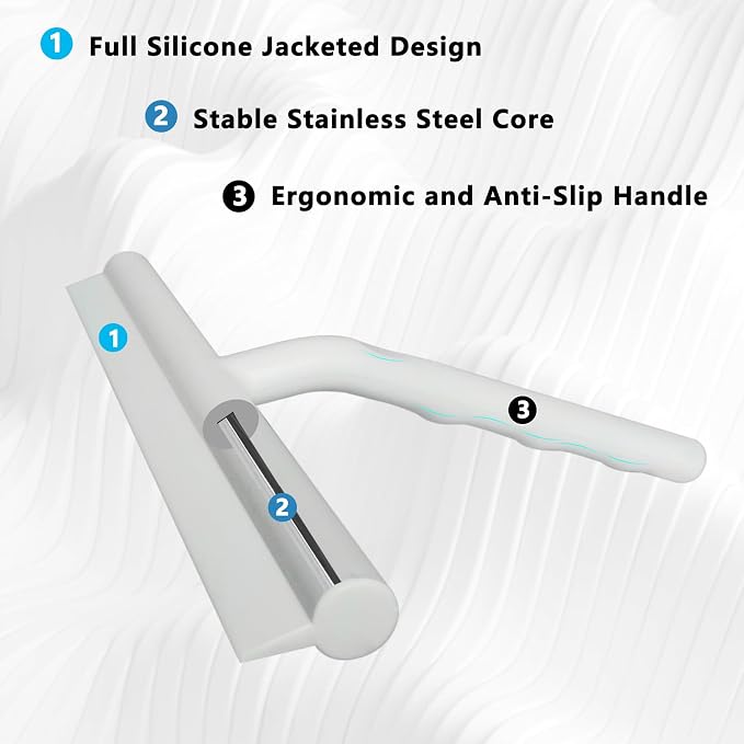 Shower Squeegee for Glass Doors, Full Silicone Jacketed Squeegee with Ergonomic Handle & No-Drill Hook, Cleaning Tool for Windows, Mirrors, Tiles, Bathroom & Car - Grey