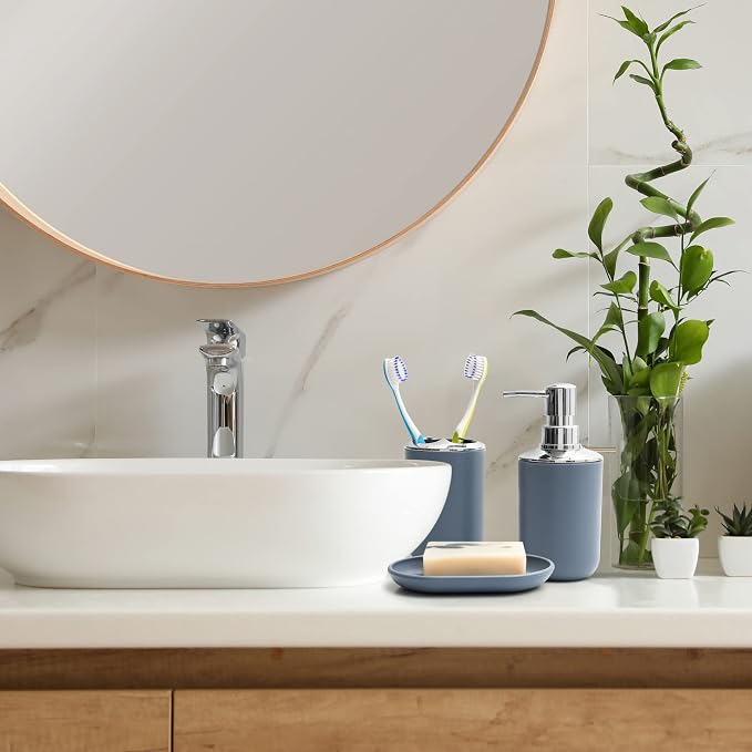 Moss & Stone 6-Piece Blue Bathroom Accessories Set, Soap Dispenser | Modern Plastic Bathroom Set with Toothbrush Holder, Soap Dish, Cup & Trash Can for Countertop Organization and Bathroom Decor