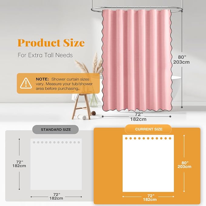 72x80 Boho Scalloped Linen Textured Cloth Shower Curtain Set, Pink | Long Size, 230GSM Waterproof Polyester, Heavy Duty Fabric, 12 Plastic Hooks, Elegant Modern Farmhouse Style, Machine Washable