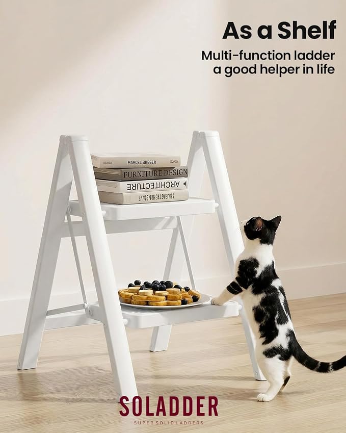 2 Step Ladder, Folding Step Stool, Lightweight Stepladder, White | Anti-Slip 7.9'' Wide Pedal;Space-Saving;For Kitchen, Home, Library, Office Use;300lbs Capacity