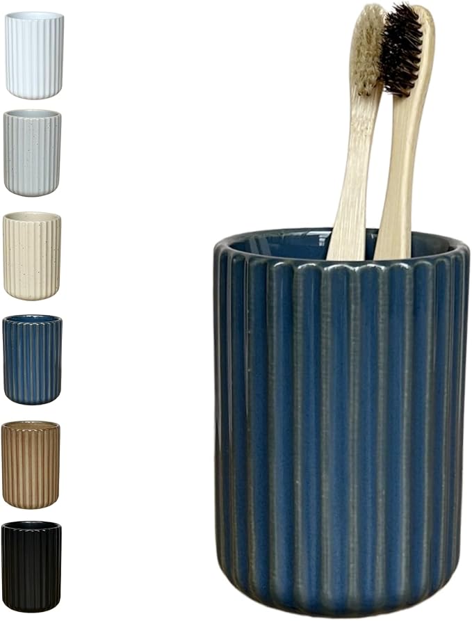 Stoneware Toothbrush Holder for Bathroom Tooth Brush Holder for Bathroom Toothbrush Cup Toothbrush Holders Cute Fluted Vertical Ribbed Stripe (Navy Blue)