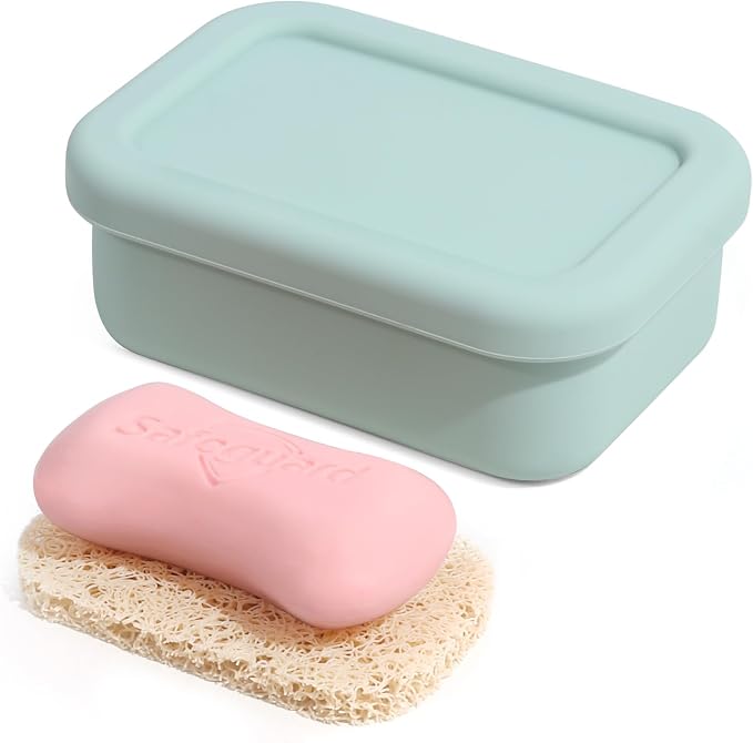 HighHerz Leak Proof Silicone Travel Soap Case with Draining Tray - Bar Soap Holder for Travel, Gym & Camping - Mess-Free Portable Soap Container for Carry-on Bags (Mint Green)