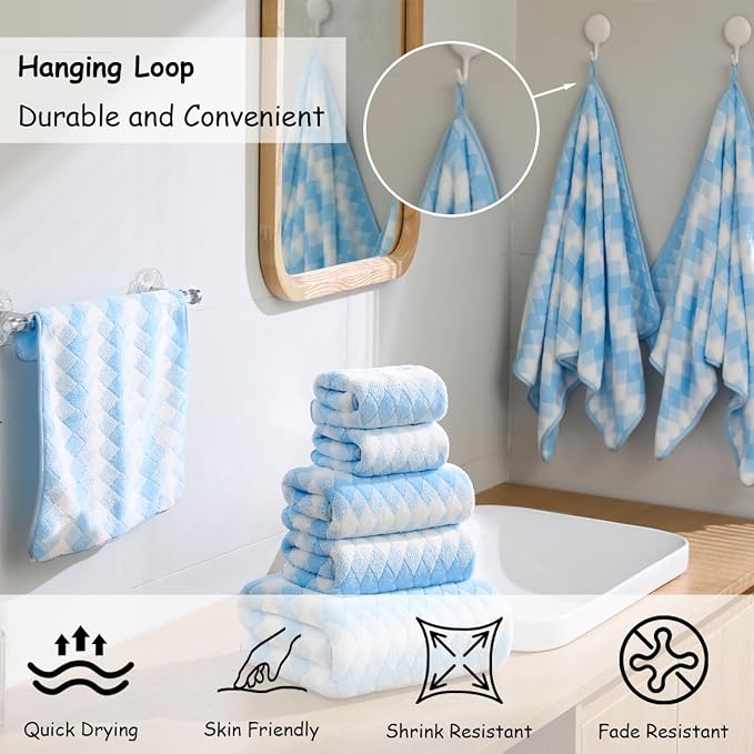 12 Pcs Blue White Diamond Towel Set-4 Bath Towels,4 Hand Towels,4 Washcloths Soft Polyester Towels with Loop Absorbent Shower Towel Quick Dry Beach Chair Towel Family Towels for Bathroom Spa Gym Pool