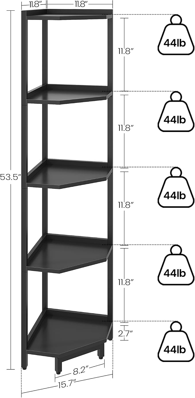 Hzuaneri Corner Shelf Stand 5-Tier Corner Bookshelf Storage Standing Shelf | Bookcase Plant Stand with Metal Frame for Living Room, Home Office, Bedroom, Black CS05906B
