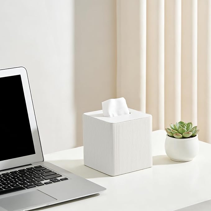 Mkono Tissue Box Cover, PU Leather Square Holder with Bottom, Beige | Decorative Facial Cube Organizer, Vanity Dresser Countertop Tabletop, Bathroom Bedroom Office Nightstand, Home Decor Accent