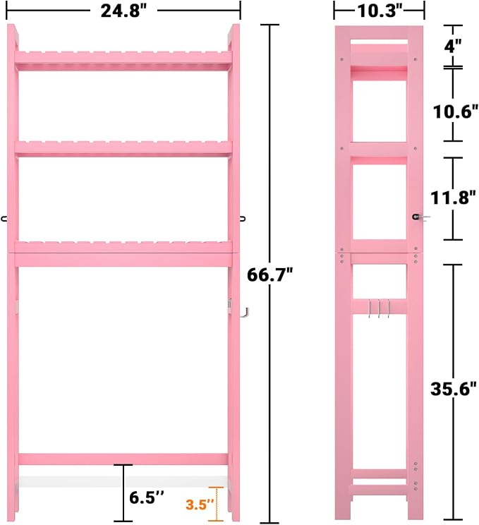Bamboo Over The Toilet Storage Shelves, 3-Tier Above Toilet Storage Organizer Rack with 3 Hooks, Freestanding Bathroom Tower Shelf Unit for Small Space, No Rust, Easy to Assemble, Pink