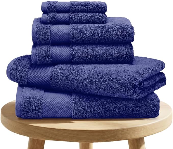 100% Organic Cotton Bath Towel Set | 700 GSM Plush 6-Piece Premium Towel Set GOTS Certified, 2 Bath Towels, 2 Hand Towels & 2 Washcloths - Navy Blue