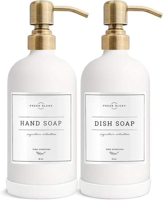 Vine Creations White Glass Soap Dispenser, 2 Pack Kitchen Soap Dispenser Set with Stainless Steel Pump, 16 oz Dish Soap and Hand Soap Dispensers for Bathroom with Waterproof Labels